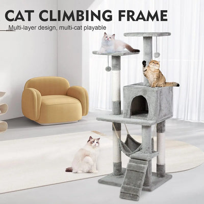 Cat Tree Tower，Cat Condo with Sisal Scratching Post,Activity Centre Cat Climbing Tree with Cat House Grey 120cm