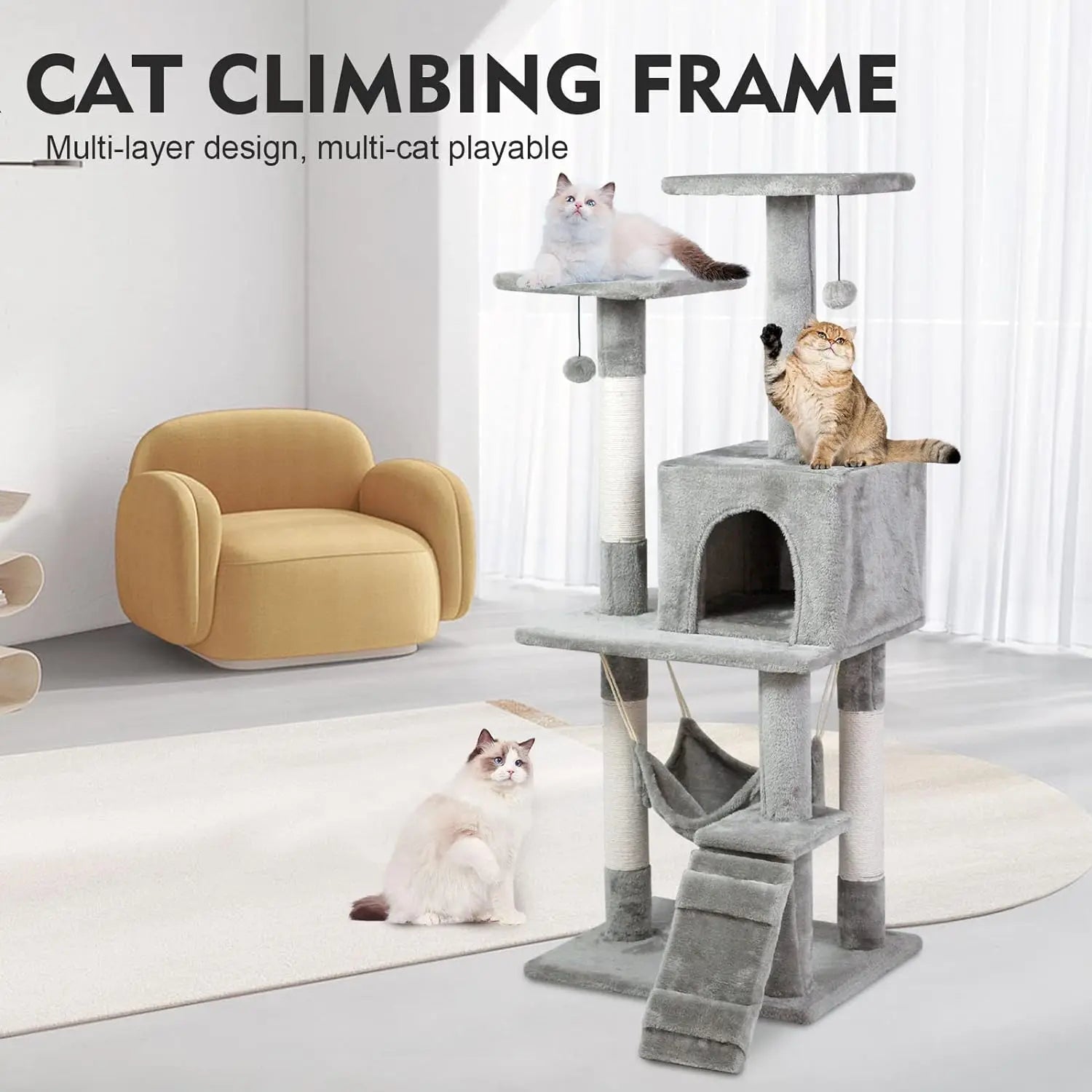 Cat Tree Tower，Cat Condo with Sisal Scratching Post,Activity Centre Cat Climbing Tree with Cat House Grey 120cm