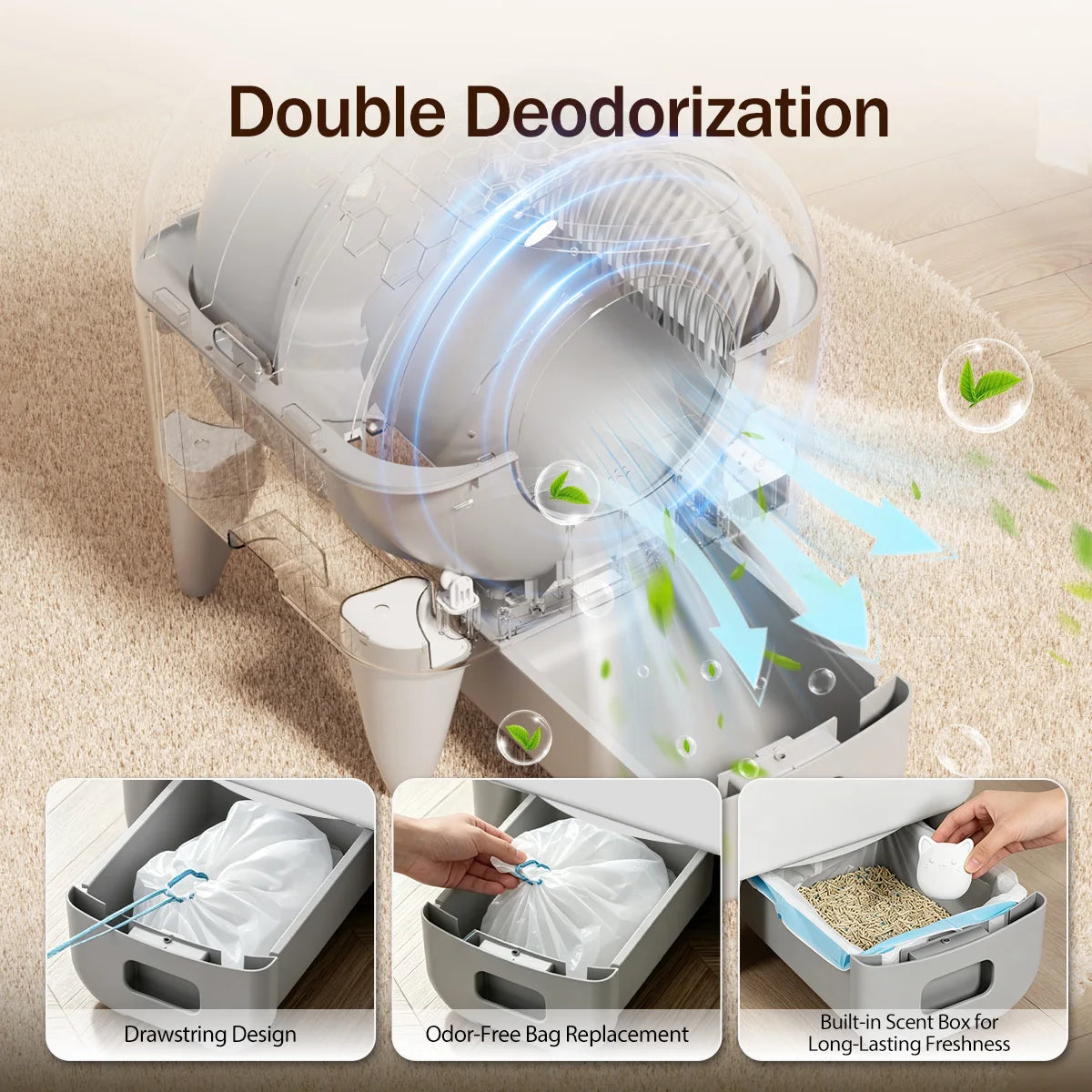 95L Automatic Smart Cat Litter Box Self Cleaning Fully Enclosed Cat Litter Box Toilet Litter Tray with 2 Free Trash Bag Rolls