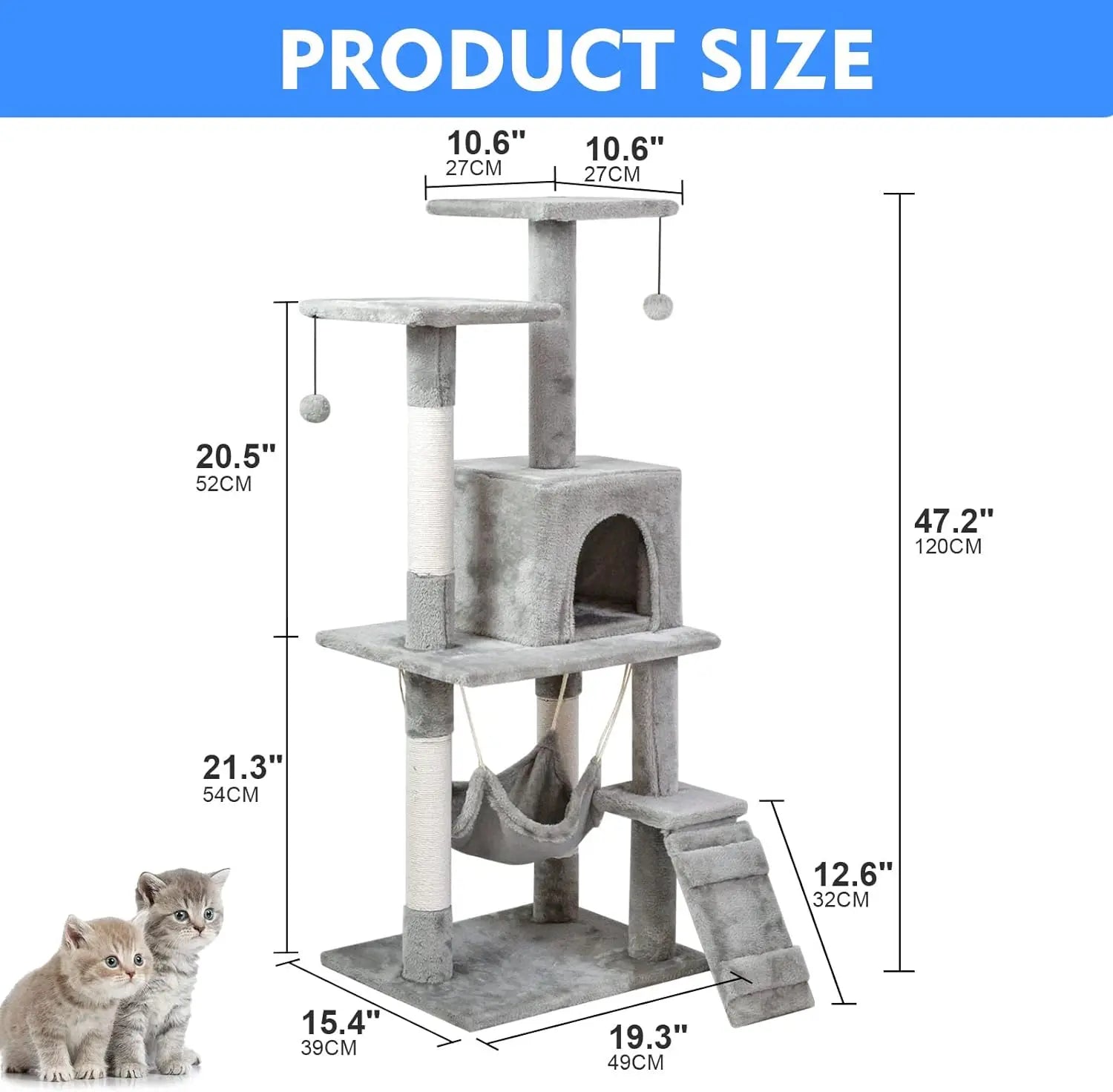 Cat Tree Tower，Cat Condo with Sisal Scratching Post,Activity Centre Cat Climbing Tree with Cat House Grey 120cm