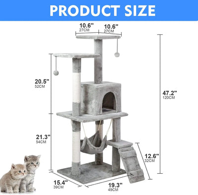 Cat Tree Tower，Cat Condo with Sisal Scratching Post,Activity Centre Cat Climbing Tree with Cat House Grey 120cm