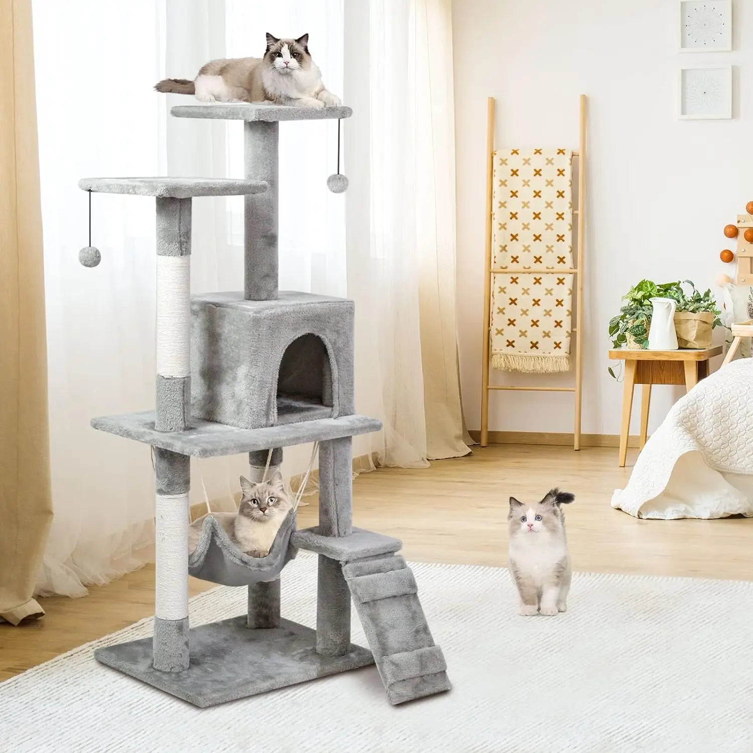 Cat Tree Tower，Cat Condo with Sisal Scratching Post,Activity Centre Cat Climbing Tree with Cat House Grey 120cm