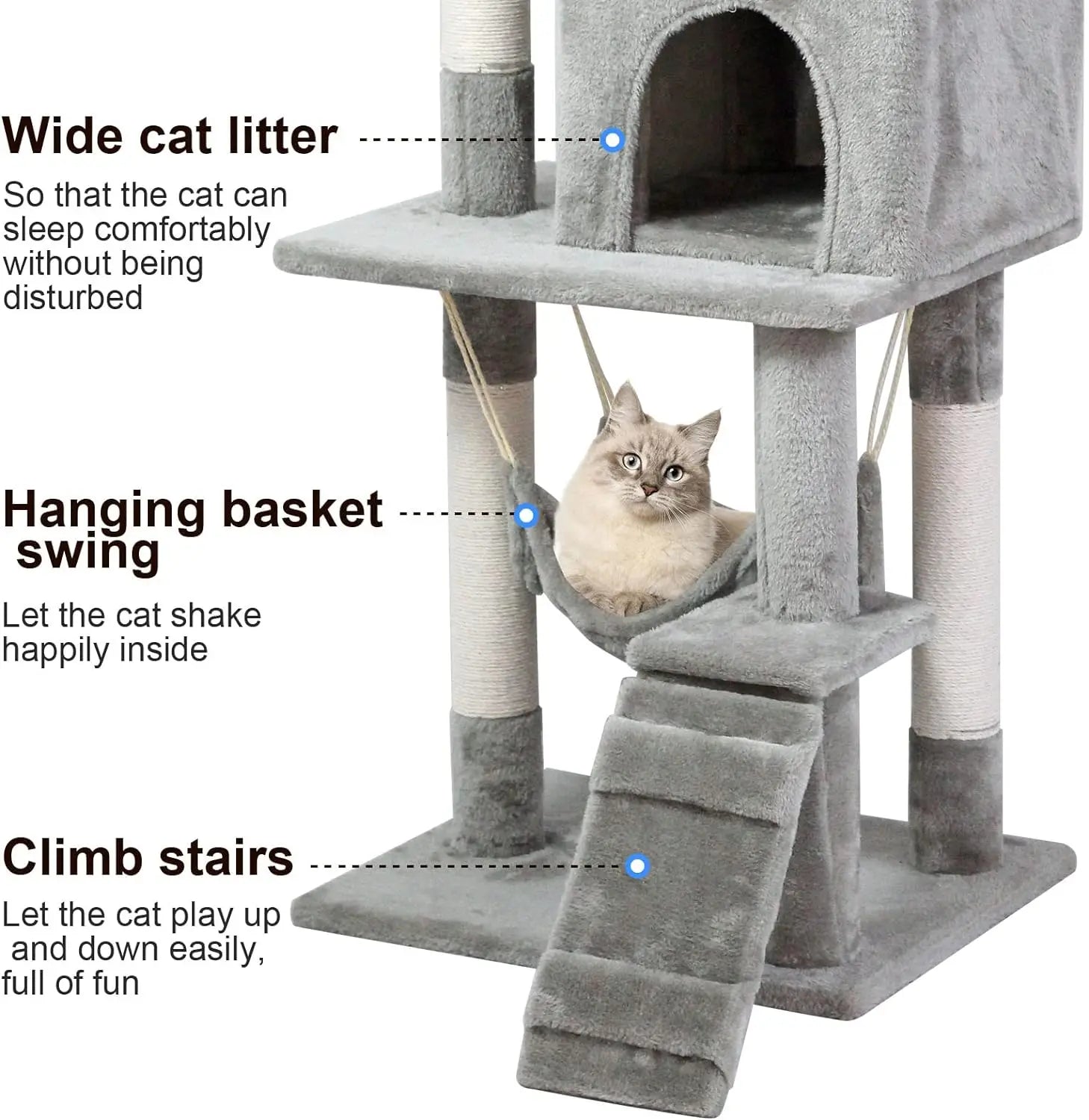 Cat Tree Tower，Cat Condo with Sisal Scratching Post,Activity Centre Cat Climbing Tree with Cat House Grey 120cm
