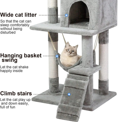 Cat Tree Tower，Cat Condo with Sisal Scratching Post,Activity Centre Cat Climbing Tree with Cat House Grey 120cm