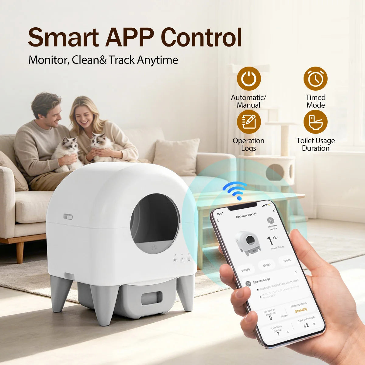 95L Automatic Smart Cat Litter Box Self Cleaning Fully Enclosed Cat Litter Box Toilet Litter Tray with 2 Free Trash Bag Rolls