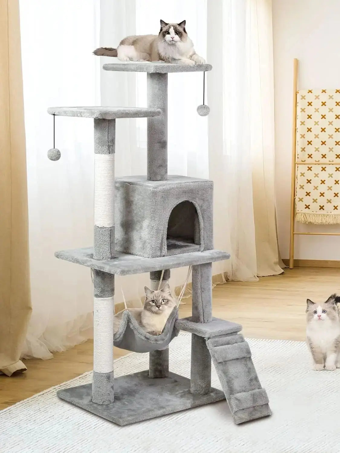 Cat Tree Tower，Cat Condo with Sisal Scratching Post,Activity Centre Cat Climbing Tree with Cat House Grey 120cm