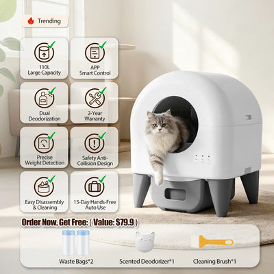 95L Automatic Smart Cat Litter Box Self Cleaning Fully Enclosed Cat Litter Box Toilet Litter Tray with 2 Free Trash Bag Rolls