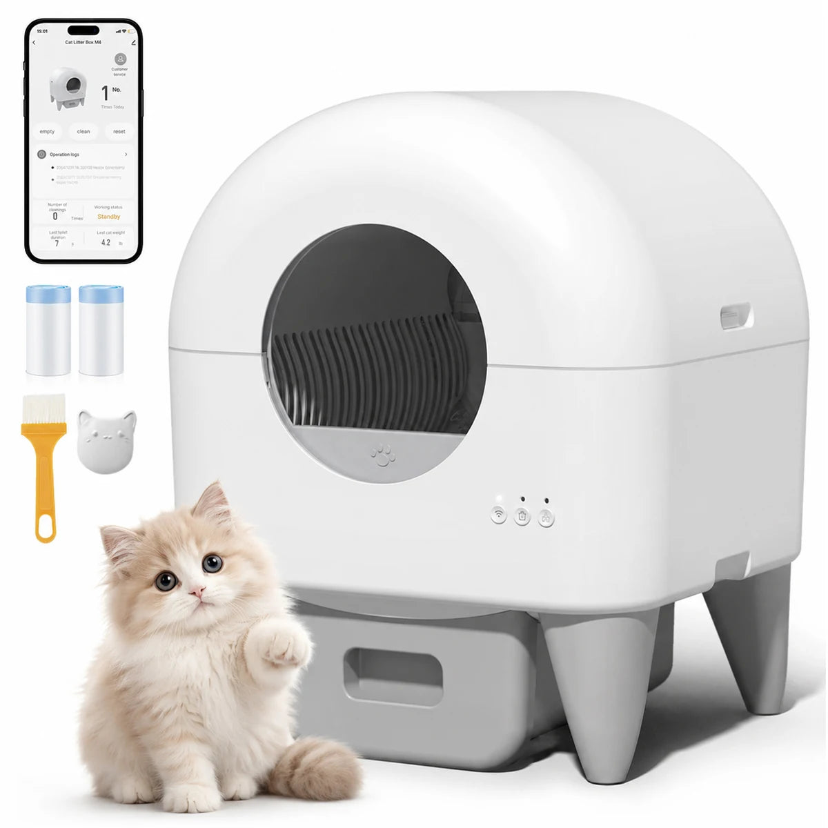 95L Automatic Smart Cat Litter Box Self Cleaning Fully Enclosed Cat Litter Box Toilet Litter Tray with 2 Free Trash Bag Rolls