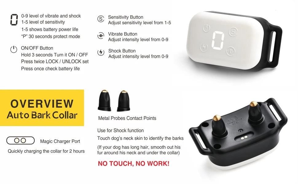 Small Dog Auto Bark Collar, Rechargeable Dog Electric Collar Anti-Bark Control for Puppy with Shock Mode