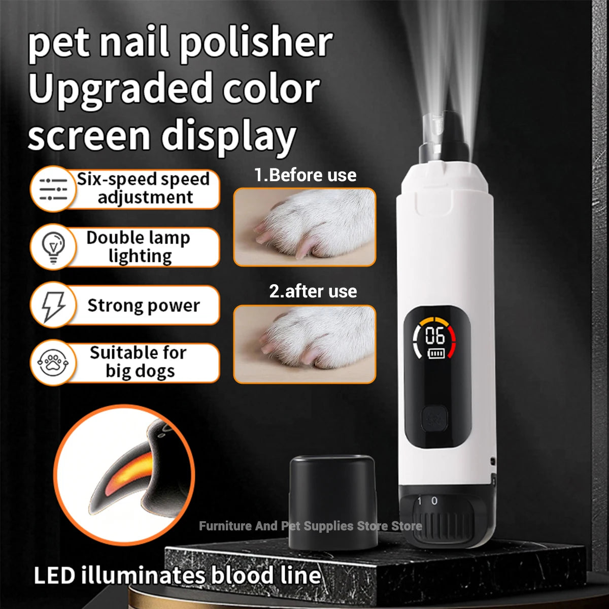 Pet Electric Nail Grinder Rechargeable Dog Paw Grooming Nail Clipper LED Light 6 Speeds Adjustable Cat Claw Nail Grinder