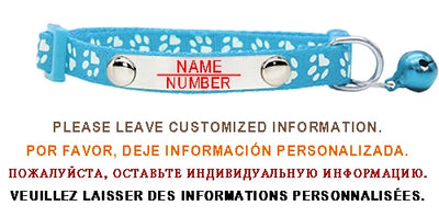 Personalized ID Paw Dog Collar Adjustable Nylon with Bell Custom Engraving Puppy Kittens Necklace for Cat Collar