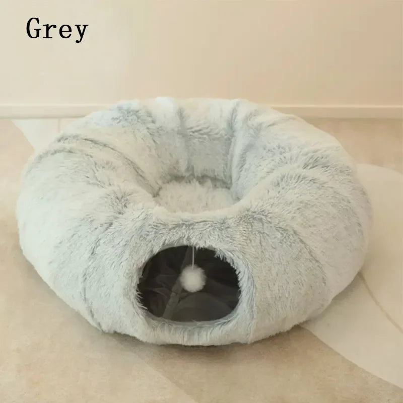 2 In 1 Round Cat Beds House Funny Cat Tunnel Toy Soft Long Plush Dog Bed For Small Dogs Basket Kittens Bed Mat Kennel Winter