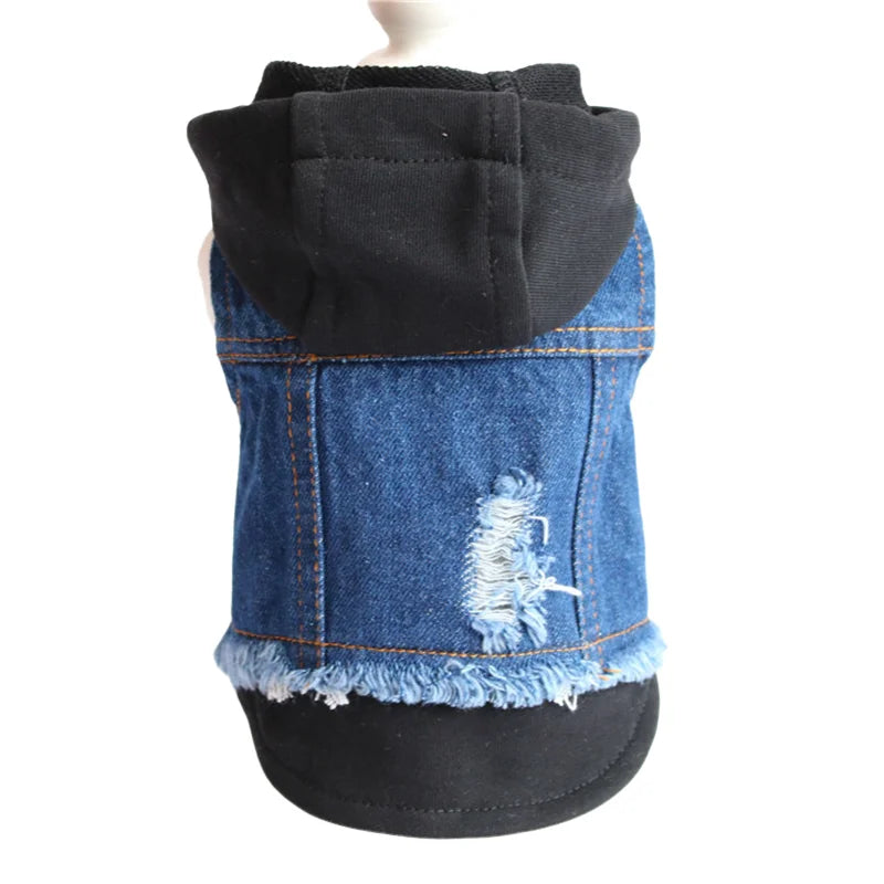 Pet Clothes Dog Jeans Jacket Layered Drawstring Hood Denim Jacket False Two Coat Clothing for Small Medium Dogs Cats Red/Black PawPrint Treasures