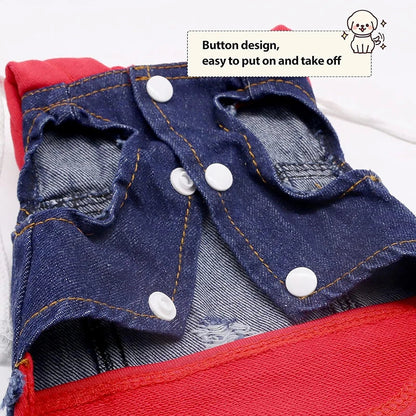 Pet Clothes Dog Jeans Jacket Layered Drawstring Hood Denim Jacket False Two Coat Clothing for Small Medium Dogs Cats Red/Black PawPrint Treasures