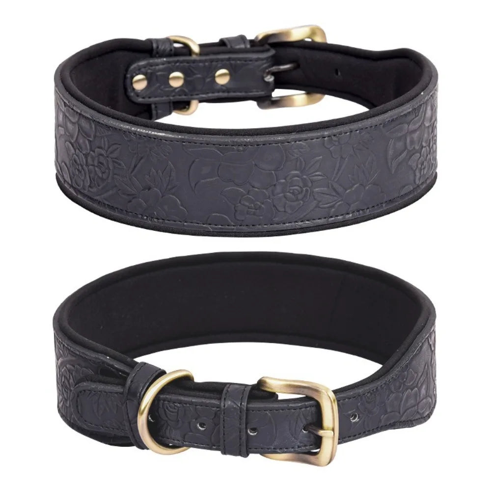 Wide Padded Embossing Leather Dog Collar NoPull Comfortable Puppy Collar Outdoor Pet Accessories