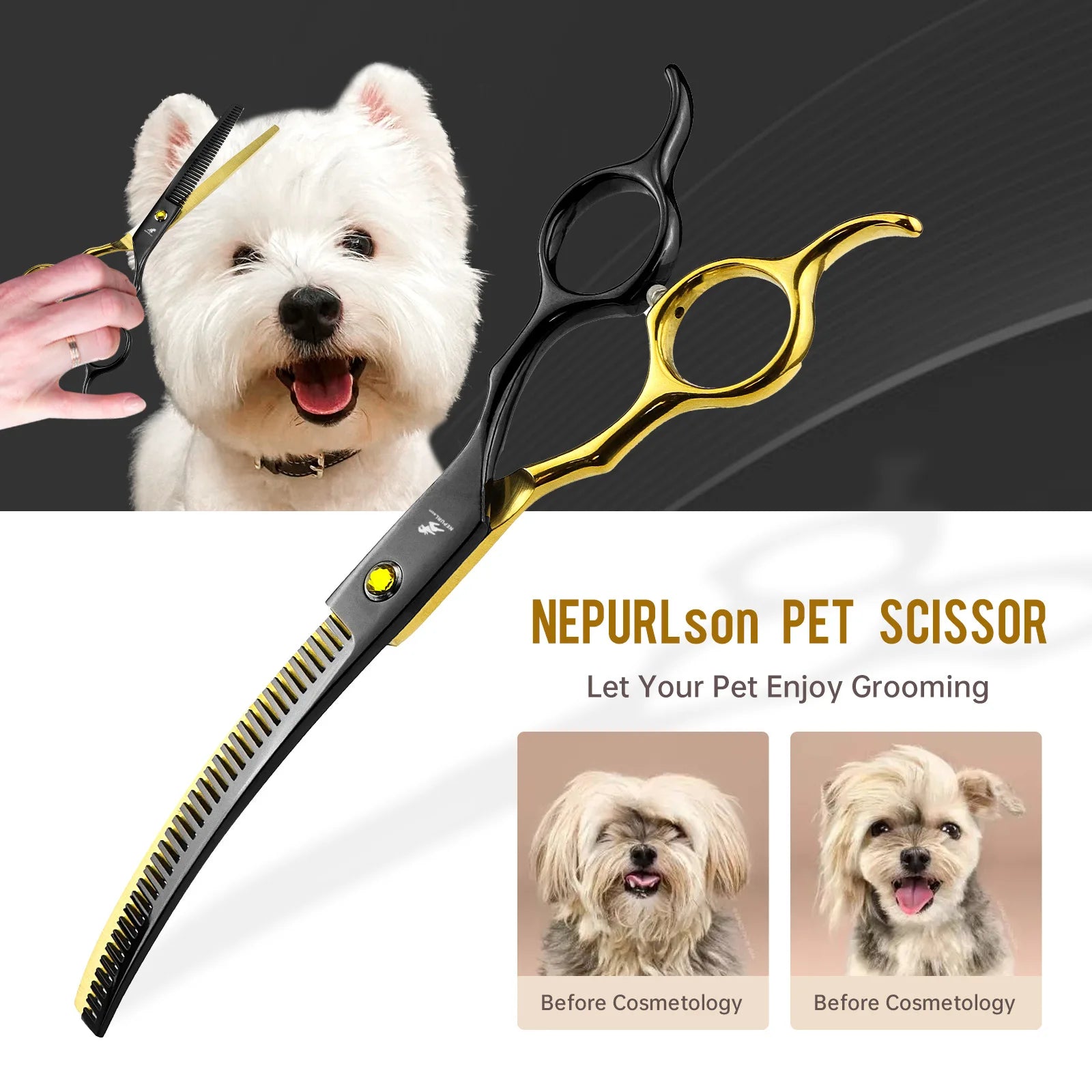 Dog Scissors for Grooming Stainless 6.5" Professional Pet Scissors Curved Chunker Scissors for Groomer Bend Down Thinning Shears