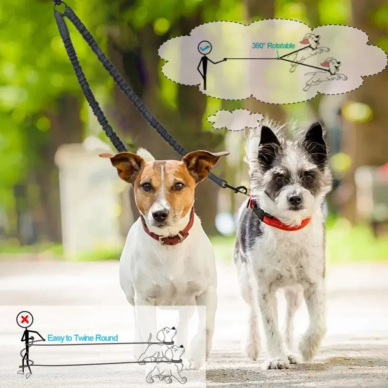 New Double Head Pet Towing Rope One Drag Two Night Reflection Anti Winding Elastic Nylon Walking Dog Rope Supplies Accessories