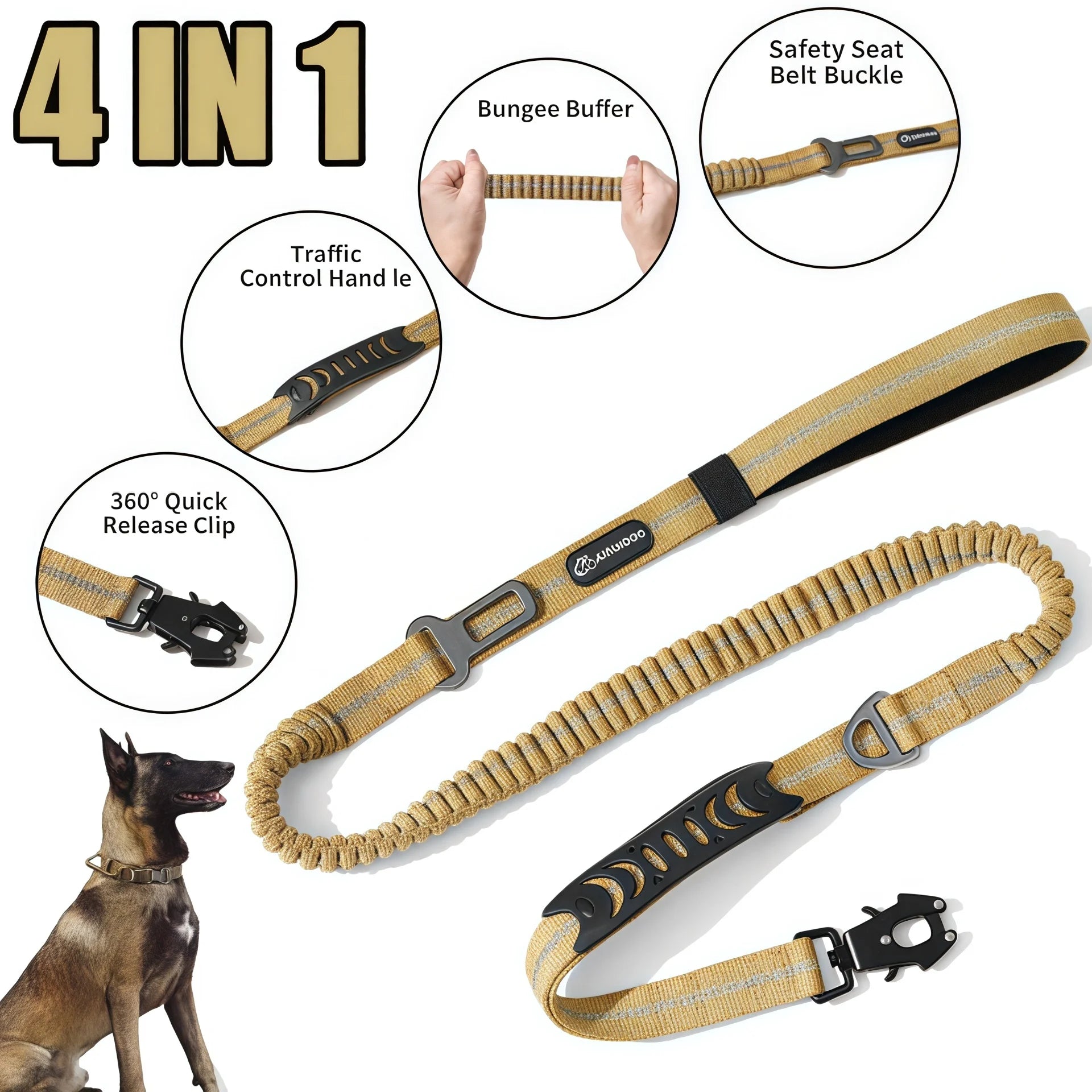 Reflective Shock Absorbing Pet Dog Leash with Car Seatbelt for Large Dogs Heavy Duty Tactical Bungee Dog Leash No Pull Dog Leash
