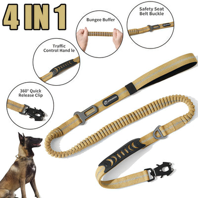 Reflective Shock Absorbing Pet Dog Leash with Car Seatbelt for Large Dogs Heavy Duty Tactical Bungee Dog Leash No Pull Dog Leash