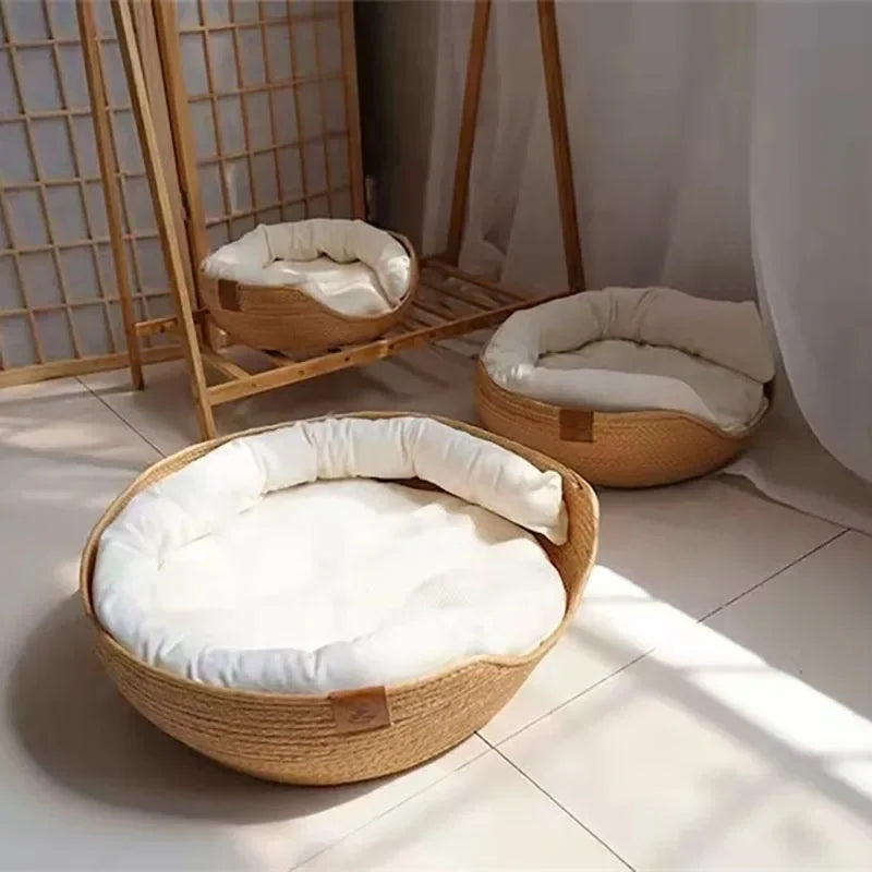 Pet Basket Mattress Rattan Grass Weaving Cat Nest Dog Kennel Straw Scratch Board Cat Bed for Puppy Kitten All Season Universal