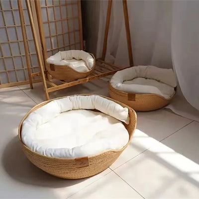 Pet Basket Mattress Rattan Grass Weaving Cat Nest Dog Kennel Straw Scratch Board Cat Bed for Puppy Kitten All Season Universal