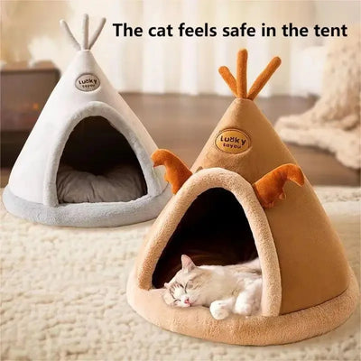 Cat House Bed Cat Nest Puppy Teepee Dog Tent with Cushion for Cats Kitten Small Dogs Puppies Pet Winter Warm Plush Enclosed Bed