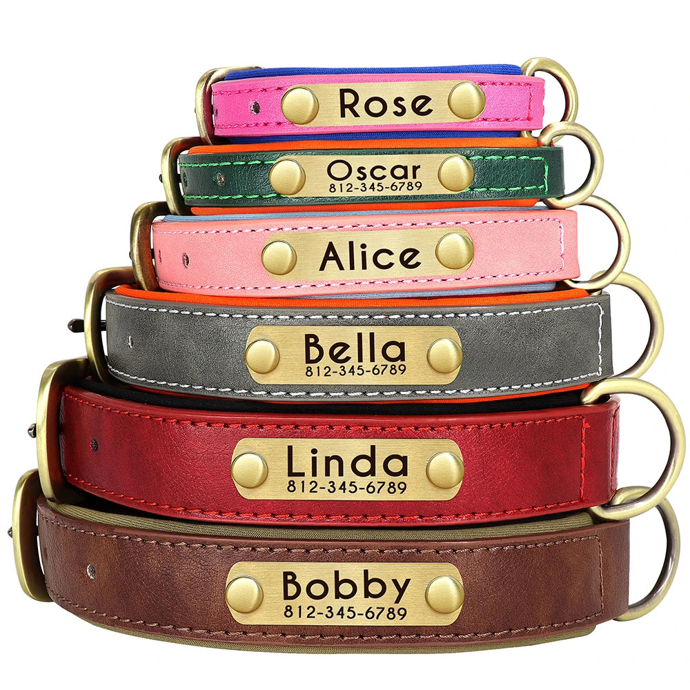 Custom PU Leather Dog Collar Free Engraving Dog Collars Adjustable Pet Pitbull Necklace Soft Padded for Small Medium Large Dogs