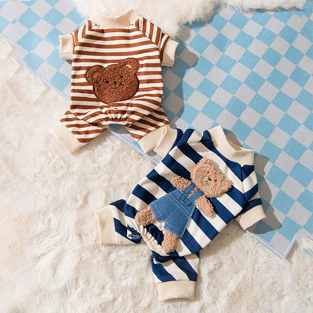 100% Cotton Kawaii Pet Striped Jumpsuit Clothes for Small Dogs Sweet Pajamas Cute Cartoon Pattern Kitten Puppy Shirt Pajama