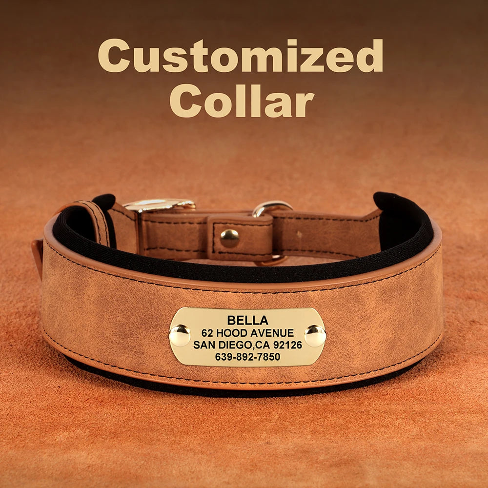 Personalized Wide Dog Collar PU Leather Customized Dogs Tag Collars Padded Pet Collar for Small Medium Large Dogs Pitbull Buldog