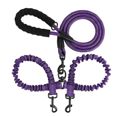 New Double Head Pet Towing Rope One Drag Two Night Reflection Anti Winding Elastic Nylon Walking Dog Rope Supplies Accessories