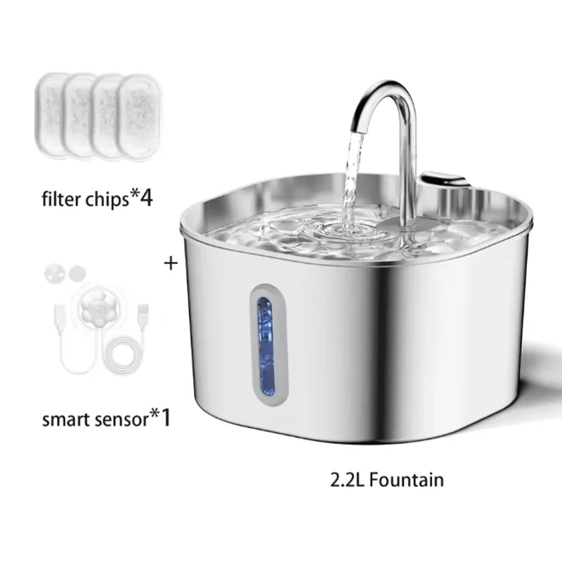 2.2L Stainless Steel Cat Water Dispenser, Pet Drinking Fountain with Filter, Ultra Quiet Water Pump for Dogs & Cats Supplies