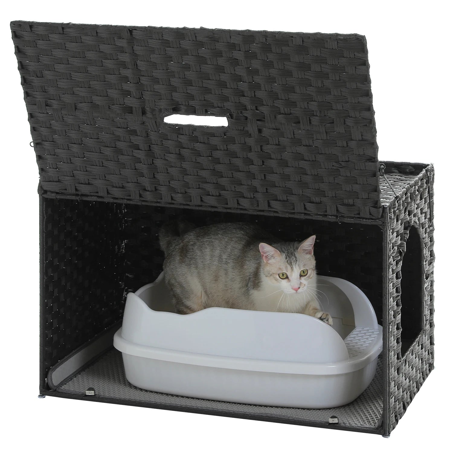 Rattan Cat Litter Box Enclosure with Taller Doorway and Flip-Up Design-More Space Raised Edge Mat-Cat House Cabinet Furniture