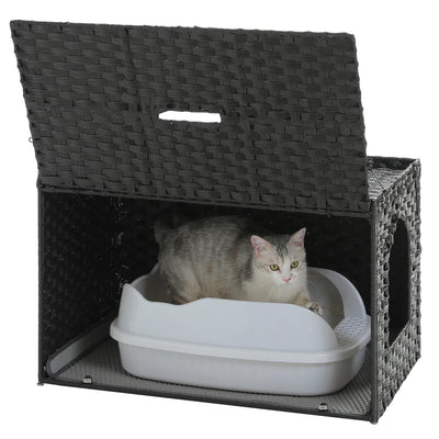 Rattan Cat Litter Box Enclosure with Taller Doorway and Flip-Up Design-More Space Raised Edge Mat-Cat House Cabinet Furniture