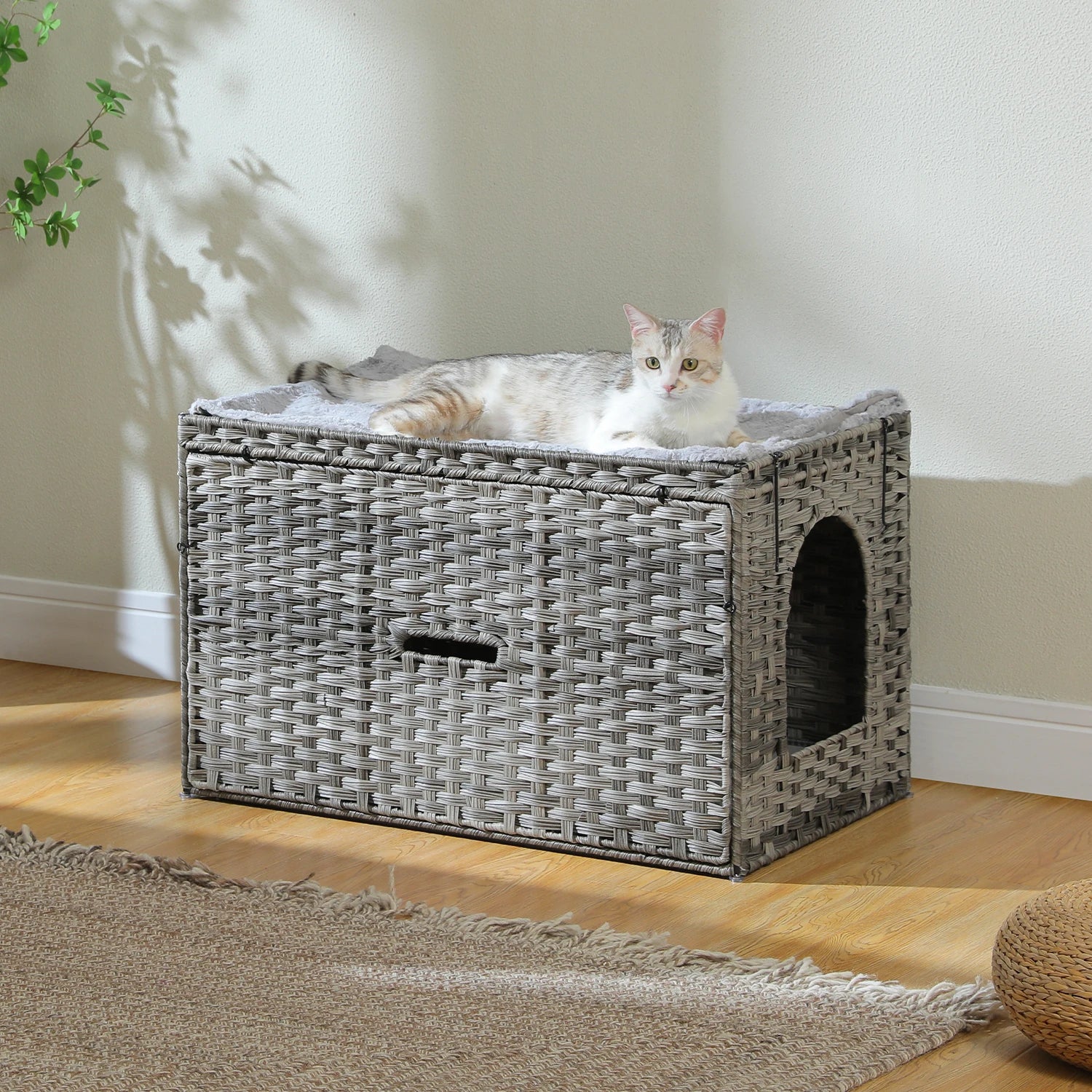 Rattan Cat Litter Box Enclosure with Taller Doorway and Flip-Up Design-More Space Raised Edge Mat-Cat House Cabinet Furniture