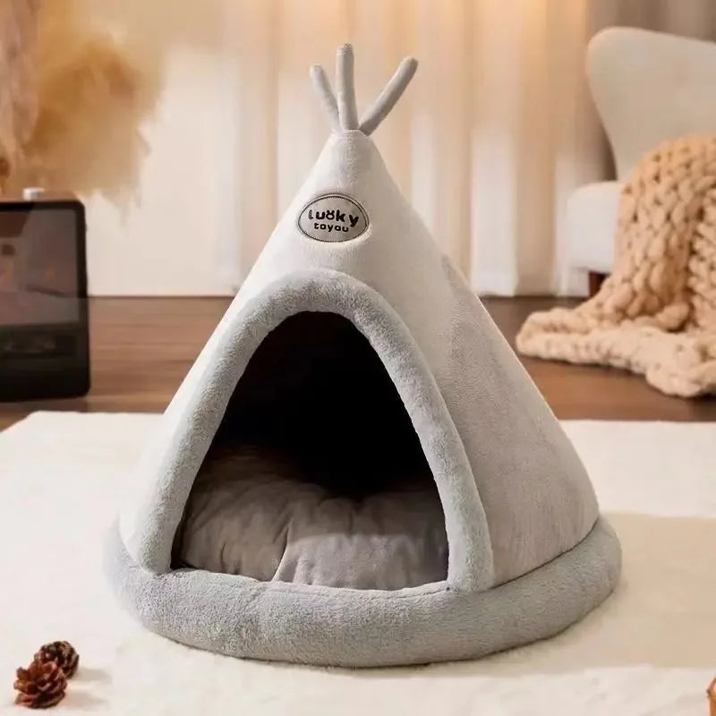 Cat House Bed Cat Nest Puppy Teepee Dog Tent with Cushion for Cats Kitten Small Dogs Puppies Pet Winter Warm Plush Enclosed Bed