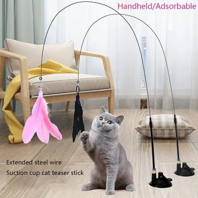 Suction Cup Cat Teasing Stick Cat Toy Interactive Feather Toy Cat Rod Steel Wire Suction Cup Feather Cat Toy Bell Cat Teasing Bi
