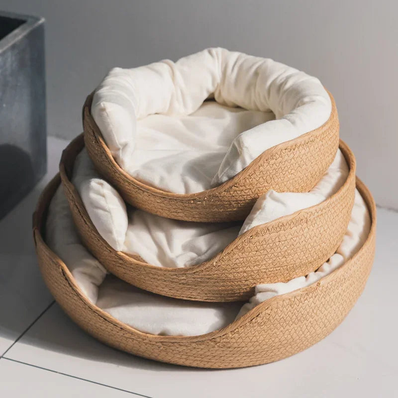 Pet Basket Mattress Rattan Grass Weaving Cat Nest Dog Kennel Straw Scratch Board Cat Bed for Puppy Kitten All Season Universal