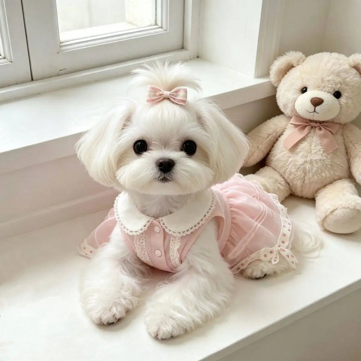 Pet Dog Cats Clothes Korean Pink Print Bow Cute Princess Dresses for Small Medium Dog 2026 Summer Puppy Home Wear Skirt Clothing PawPrint Treasures