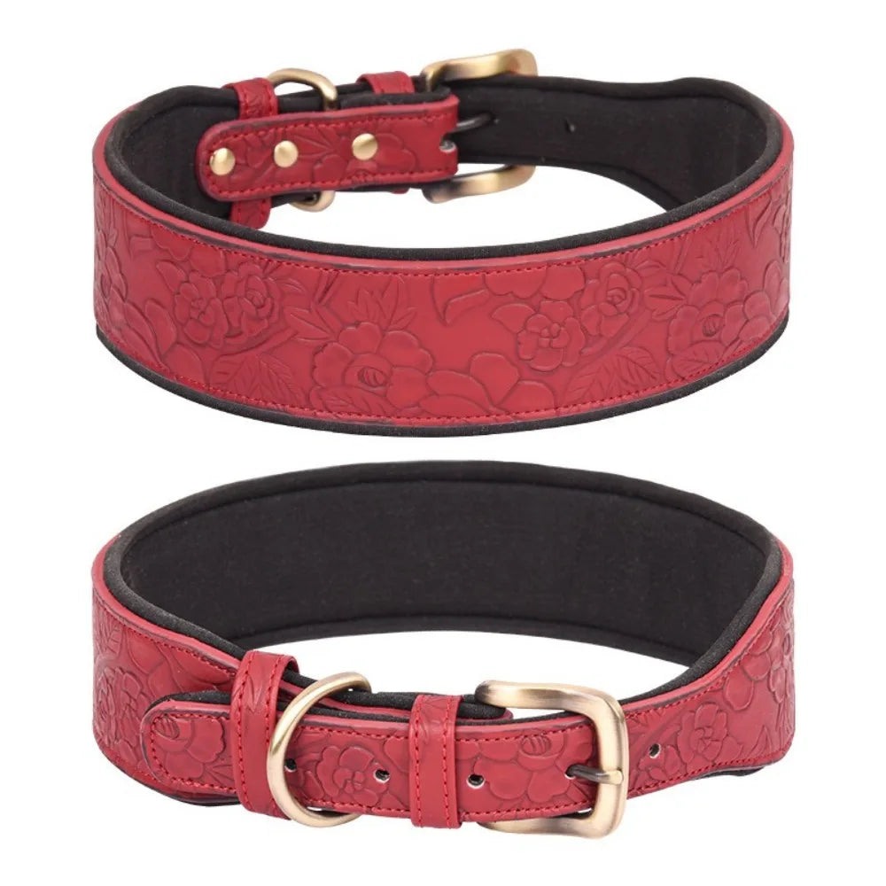 Wide Padded Embossing Leather Dog Collar NoPull Comfortable Puppy Collar Outdoor Pet Accessories