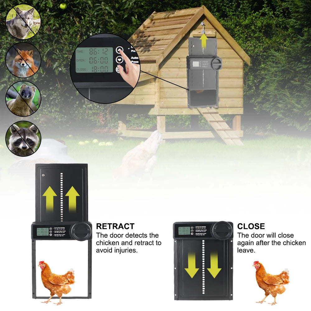 Anti-Pinch Function Small Pet Supplies Retractable Door LCD Display Safety Gate Automatic Chicken Coop Door Controlled Open