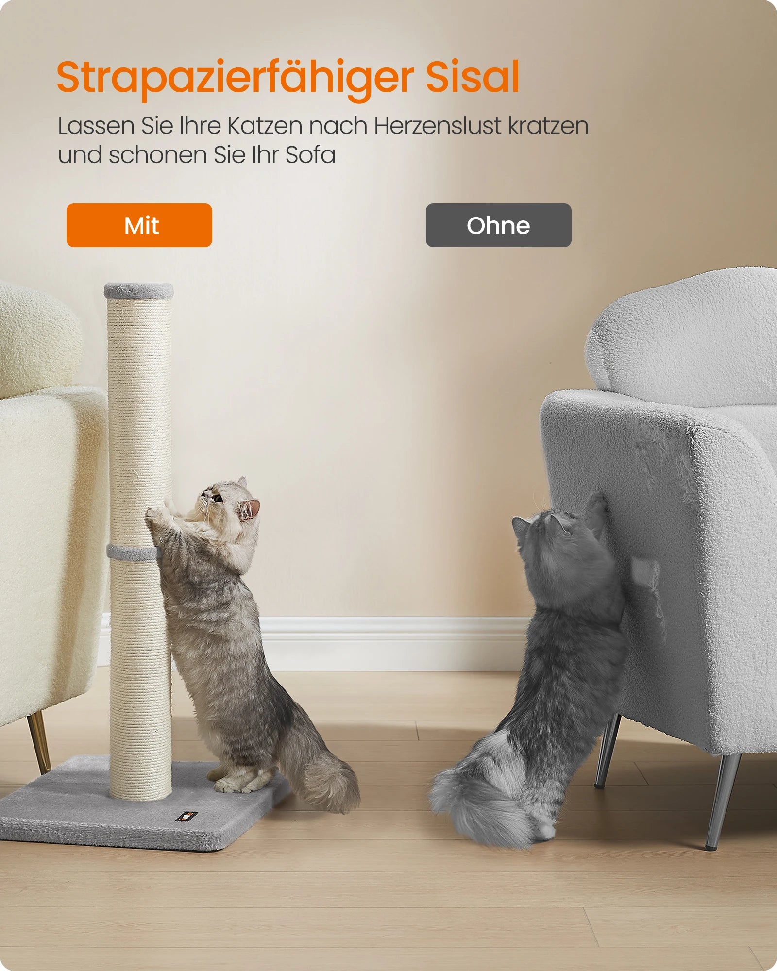 Feandrea scratching post 85 cm high scratch column cat tree scratching trunk for kittens and normal adult cats sisal trunk