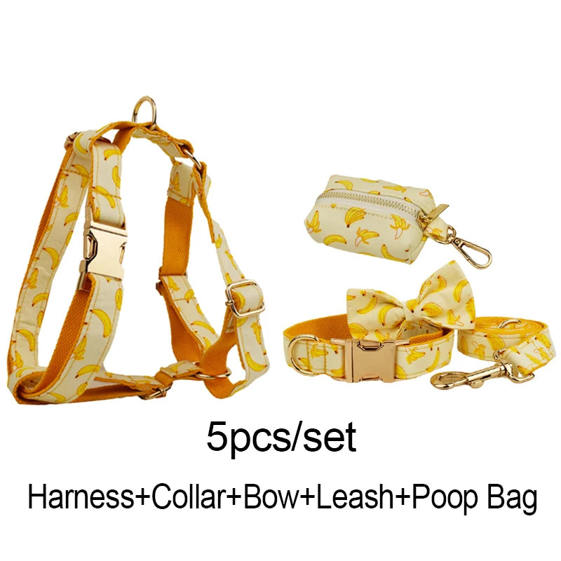 Hot Selling Custom Design Logo Sublimation Soft Cotton Banana Printing Pet Accessories Dog Collar Leashes Harness Bow Fruit 02