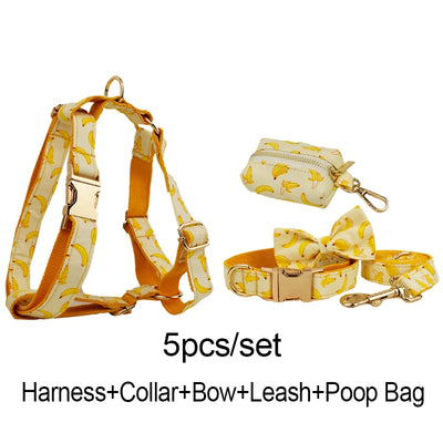 Hot Selling Custom Design Logo Sublimation Soft Cotton Banana Printing Pet Accessories Dog Collar Leashes Harness Bow Fruit 02