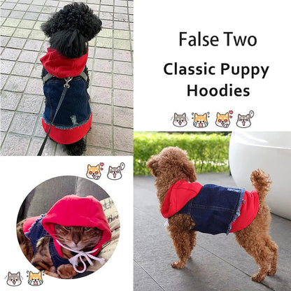 Pet Clothes Dog Jeans Jacket Layered Drawstring Hood Denim Jacket False Two Coat Clothing for Small Medium Dogs Cats Red/Black PawPrint Treasures