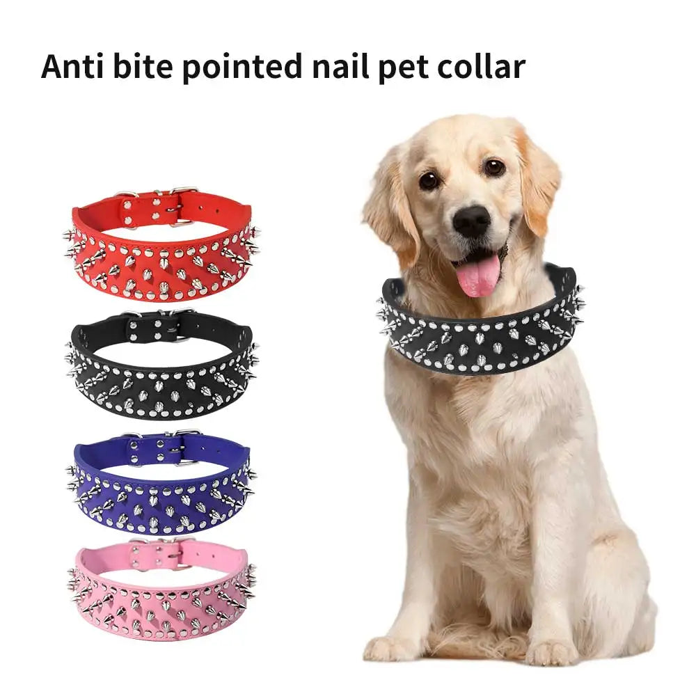 Pug Dog Collar Leather Adjustable Spikes Pet Collar for Medium Lager Dogs Brown Bull Dog Coleira para perro pitbull pet supplies