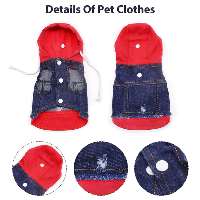 Pet Clothes Dog Jeans Jacket Layered Drawstring Hood Denim Jacket False Two Coat Clothing for Small Medium Dogs Cats Red/Black PawPrint Treasures