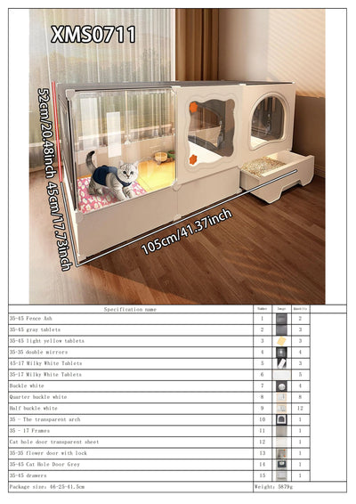 Cat Cage with Litter Box, Indoor Household Kitten Villa House, Rabbit Cage, Puppy Cage, Empty Cage with Integrated Toilet, Cat Cabinet