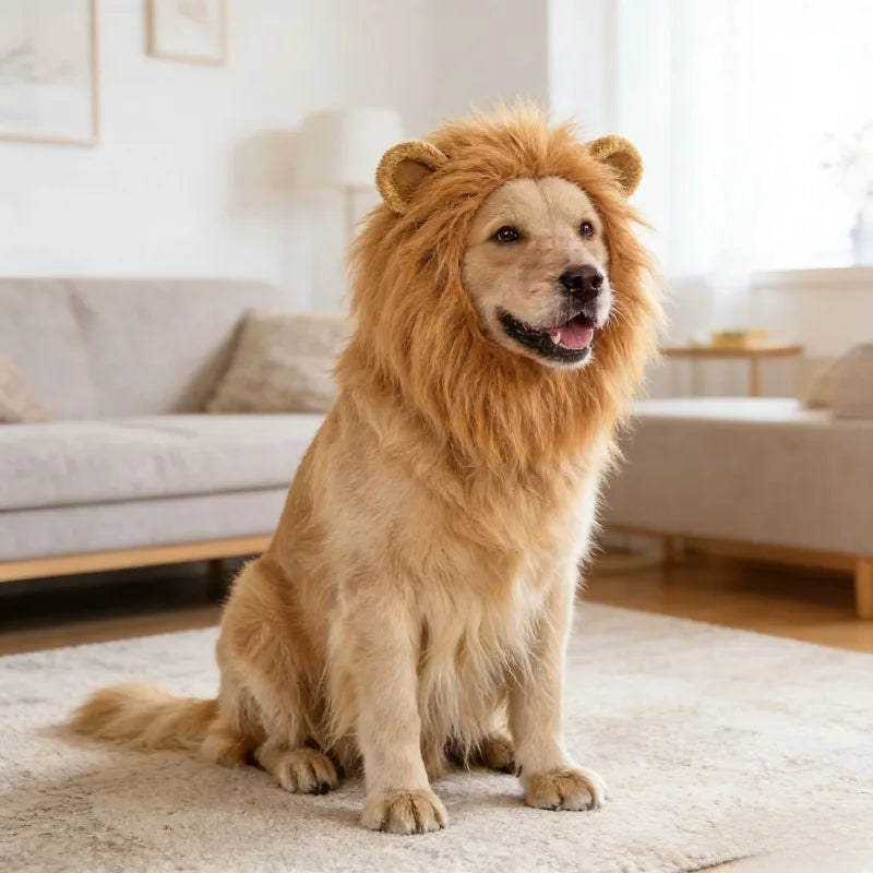 Dog Lion Mane Costume with Ears Funny Plush Headpiece for Pet Halloween Party and Daily Dress Up