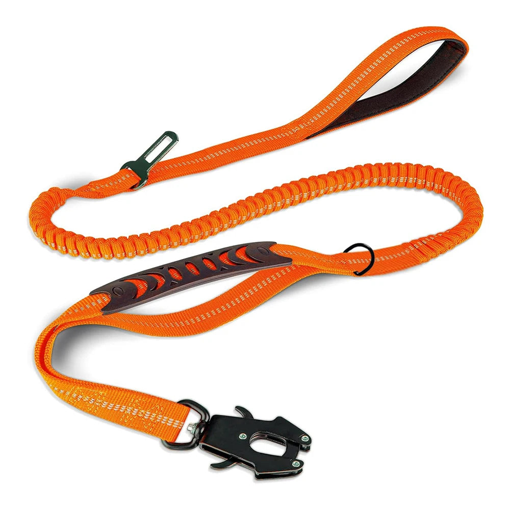 Tactical Dog Leash Heavy Duty, 4-6FT Shock Absorbing Bungee Lead with 2 Padded Handle, Metal Carabiner Clip, Car Seatbelt, Stron