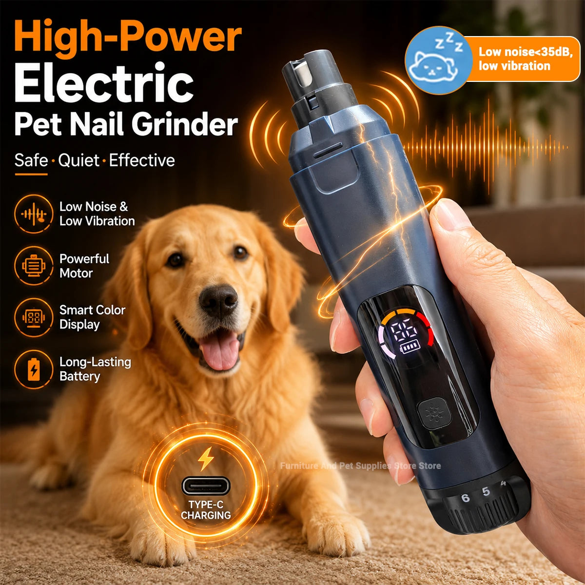 Pet Electric Nail Grinder Rechargeable Dog Paw Grooming Nail Clipper LED Light 6 Speeds Adjustable Cat Claw Nail Grinder